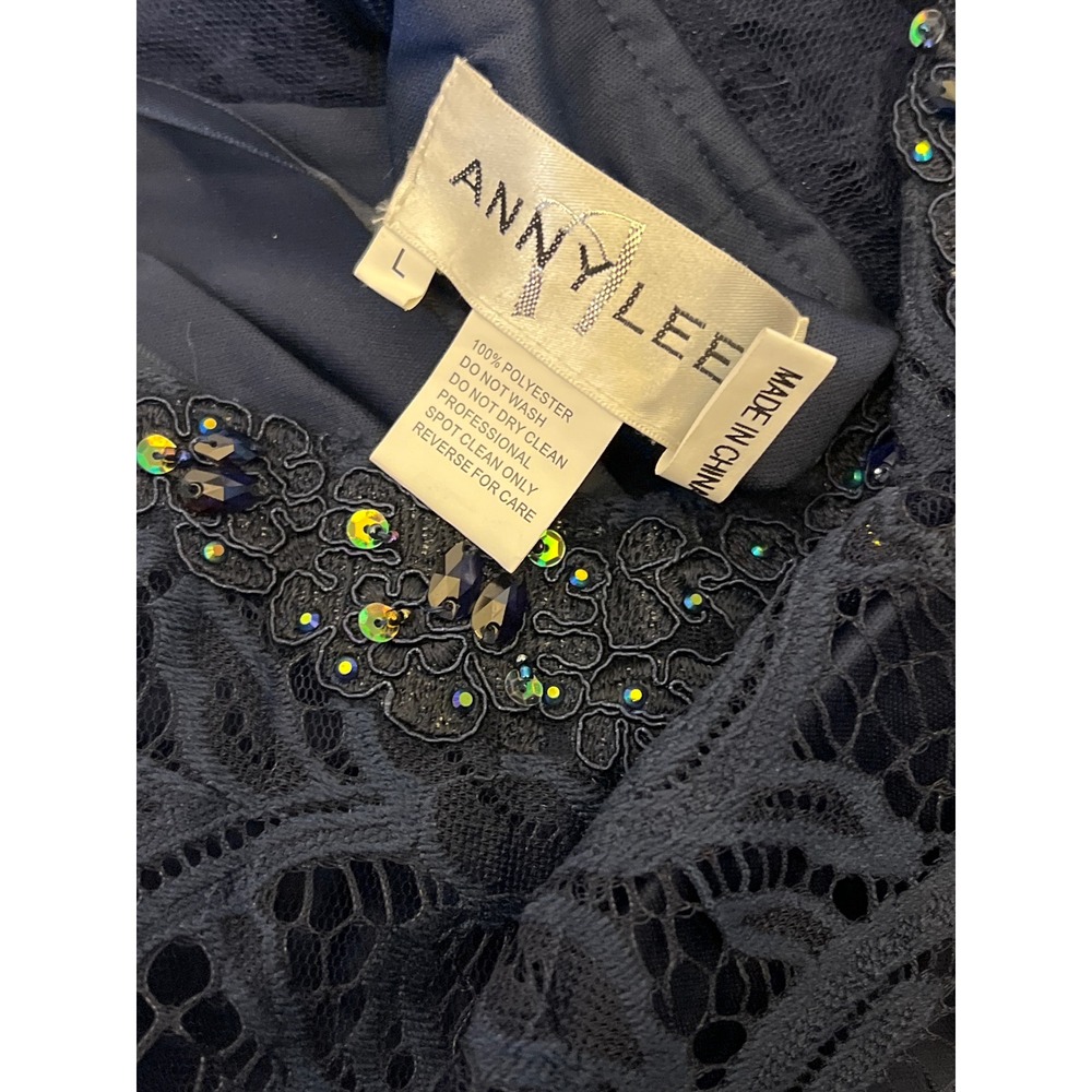 ANNY LEE Navy Lace Beaded Formal Evening Gown Dress‎ Size L